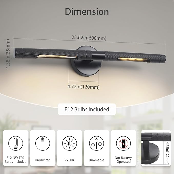 Black Picture Light Set of 2, 23.6 Inch Knurled Hardwired Wall Lights for Pictures,Rotatable 360° Modern Gallery Light for Exhibition Bathroom Study Room, E12 Bulbs Included