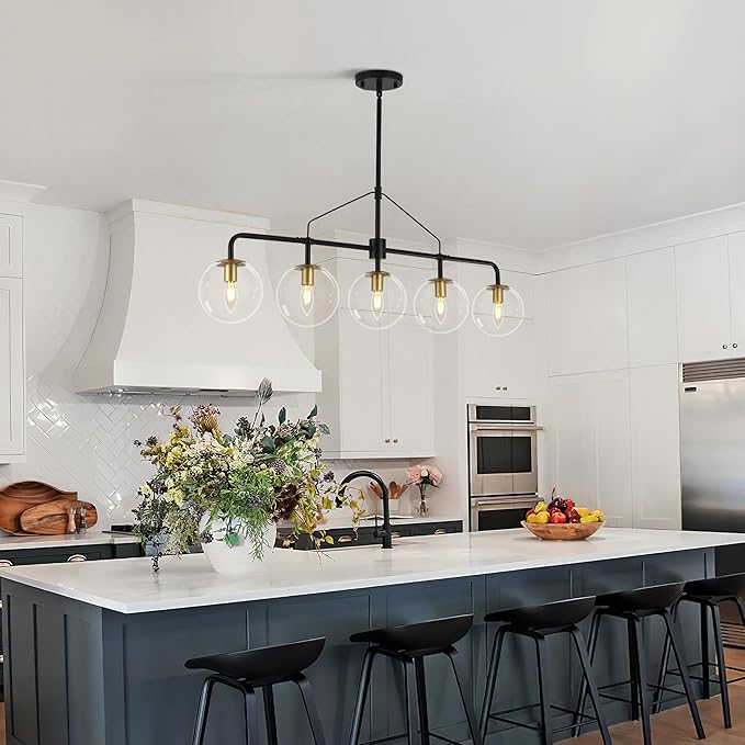 Linear Chandeliers for Dining Room Light Fixtures Over Table Hanging, 5-Light Modern Kitchen Chandelier, Industrial Black and Gold Island Lights with Clear Globe Glass Shades