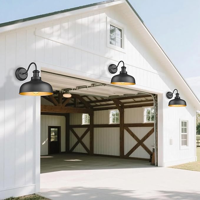 Outdoor Barn Light for Farmhouse, 11.5 Inch Dome Exterior Wall Mount Lights Fixture ,Weather Resistant Outdoor Wall Sconce, Anti-Rust Outside Lighting for Porch, Garage, Patio, Entryway(Black, 3 Pack)