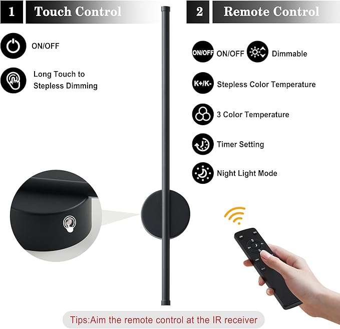 Battery Operated Modern Wall Sconces, Dimmable Wireless Wall Light Set of Two with Remote Control, 3 Color Temperatures, Rechargeable LED Wall Sconce for Bedroom, Living Room, Hallway, 23.6 Inch Black