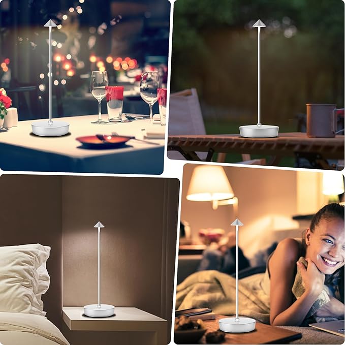 2Pack Rechargeable Cordless Table Lamp, Portable Powered LED Battery 6000mAh Metal USB Desk Lamp, 3 Levels Brightness Light for Restaurants Outdoor (2pack Silver)