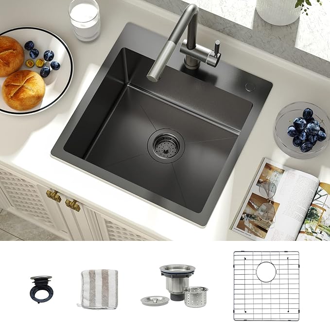 TORVA 18 x 18 Inch Gloss Black Drop-in Topmount Kitchen Sink - 16 Gauge Stainless Steel, PVD Coated Gunmetal Finish, NanoTek Single Bowl 9-Inch Deep Bar/Prep Basin, Dark Gray