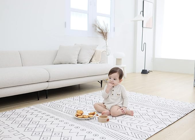 Baby Care Play Mat (Medium, Nordic Trails - Tribal) 73’’ x 49’’ Original One-Piece Reversible Rollable Waterproof Firm PVC Play Mat for Infants, Babies, Toddler, and Kids