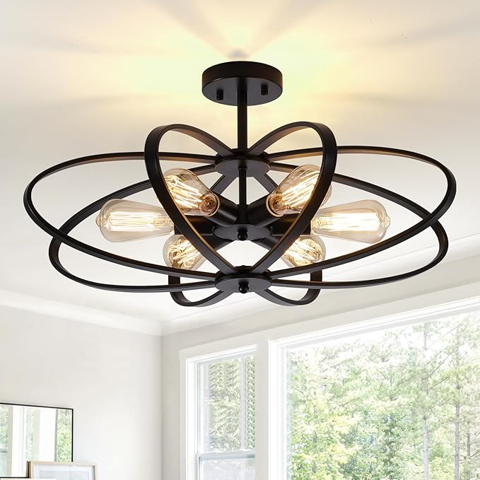 Semi Flush Mount Ceiling Light Fixture Chandelier 6-Light Kitchen Ceiling Lights 25'' Black Farmhouse Chandelier Style Flower Shape Light Fixture Bedroom for Foyer,Entryway,Living Room