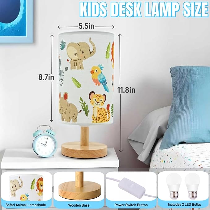 Kids Table Lamp-Night Light for Boys Room,3-Color LED Desk Lamp with Baby Elephant Zebra Giraffe Tiger Pattern Bedside Lamp Safari Animal Lampshade and Wood Base for Living Nursery Child Room Study