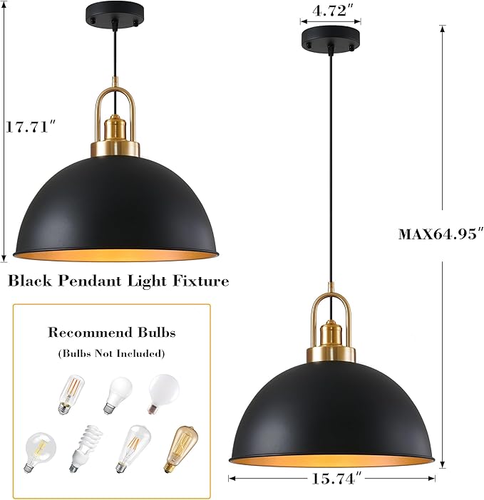 Industrial Black Large Pendant Light 15.74" Matte Finish Metal Light Fixture Farmhouse Hanging Light for Kitchen Island Dining Room Hallway