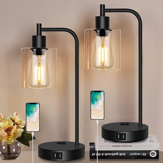 QiMH Industrial Touch Control Table Lampwith 2 USB Ports and AC Outlet, 3-Way Dimmable Bedside Nightstand Reading Lamps with Light Bulb, Glass Desk Lamp for Bedroom, Office