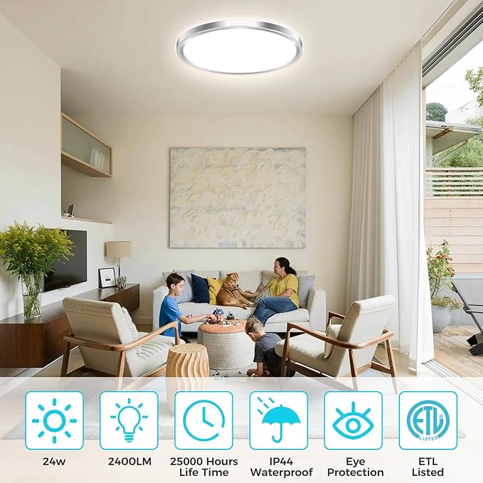libtit 3Pack Led Ceiling Light 13Inch, 24W 2400Lm Bright Light Fixture Brushed Nickel, Adjustable 3000K/4500K/6000K, Modern Slim Flat Ceiling Lamp for Living Room Bedroom Hallway