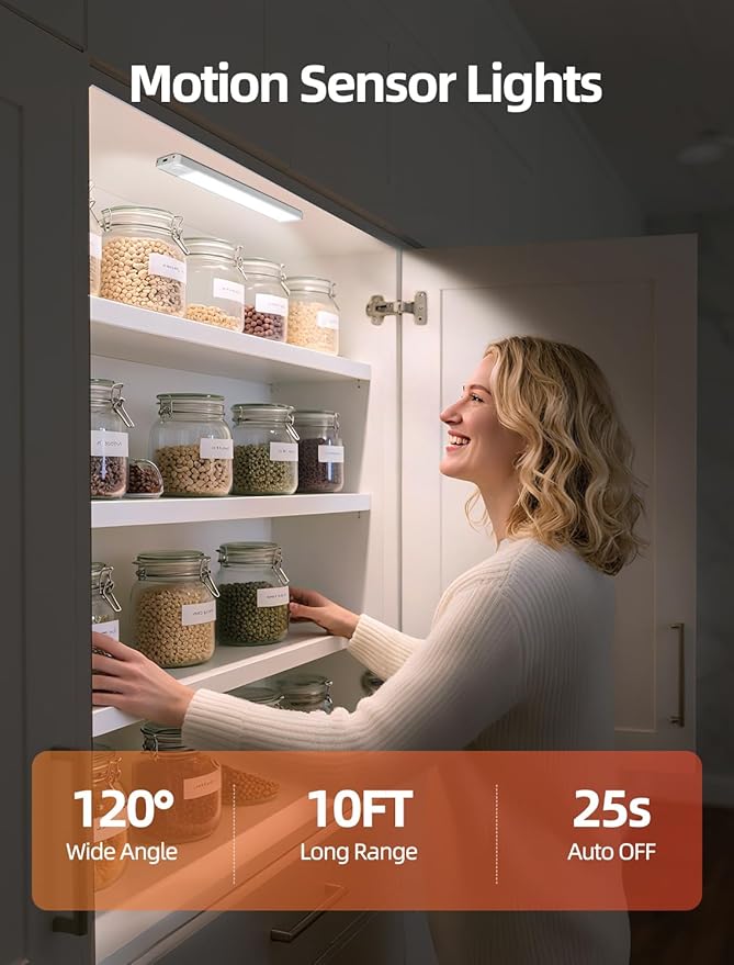 Under Cabinet Motion Sensor Lighting: 12 Inch Dimmable Rechargeable Lights Indoor - Battery Operated Lights - Undercabinet Closet Light Magnetic Led Light for Kitchen Home Bathroom Counter 3 Pack