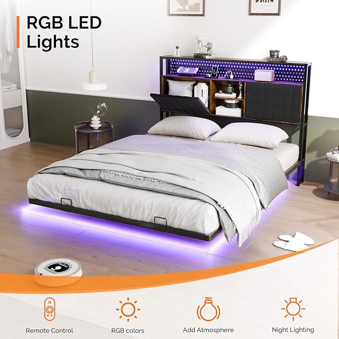 VINGLI Queen Size Floating Bed Frame with LED Lights and Charging Station, Cozy Hidden Storage Velvet Upholstered Bookcase Headboard,No Box Spring Needed,Easy Assembly,Black