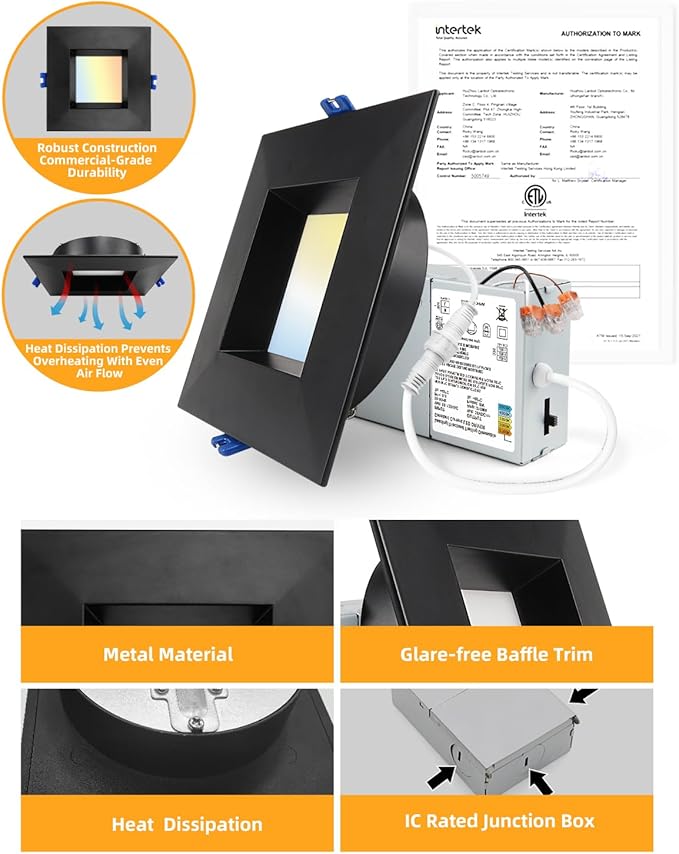 Adetu 4 Inch Anti-Glare LED Downlight,Dimmable Ceiling Light with 5CCT Reset,Selectable from 2700K to 5000K - 12W 1080LM, ETL Certified (Black, 12 Pack Square)