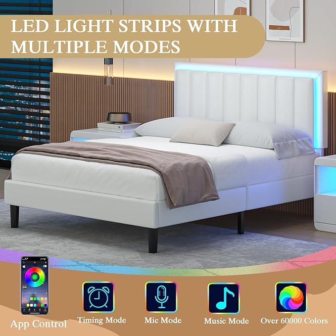 Queen Bed Frame, Bed Frame Queen Size with LED Lights, Upholstered Queen Bed Frames with Headboard, Heavy Duty Wood Slats Support, Noise-Free, No Box Spring Needed, Easy Assembly, White