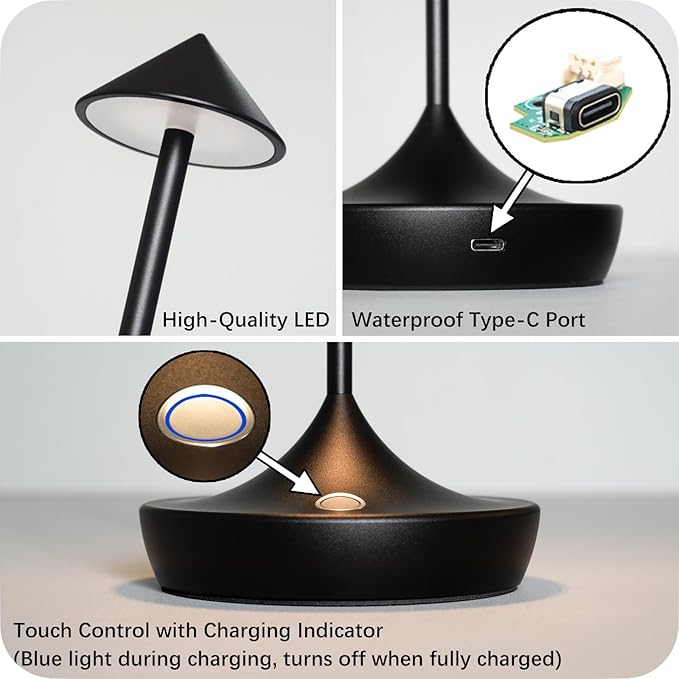 2-Pack Cordless Rechargeable LED Table Lamps, Metal, 3 Color Touch Stepless Dimmable, IP54 Waterproof Portable Battery Operated for Outdoor Dining Patio Restaurant Home Decor, Black