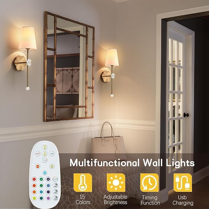 Battery Operated Wall Sconces,Crystal Plum Blossom Decor Rechargeable Wall Lights Set of 2 with Detachable and Remote Cordless Wall Sconce Indoor for Bedroom Living Room Hallway Stairs Gold