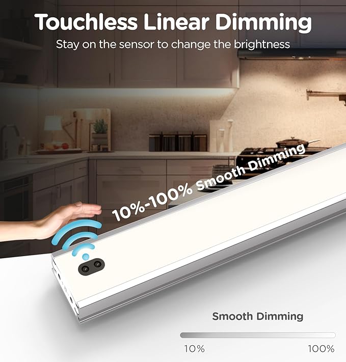 Hand Wave Under Cabinet LED Lighting Plug in, 16 Inch 3 Pcs Dimmable Linkable Ultra Thin Aluminum Alloy Housing, 4000K Natural White Motion Sensor Counter Lights for Kitchen, Shelf, Cupboard