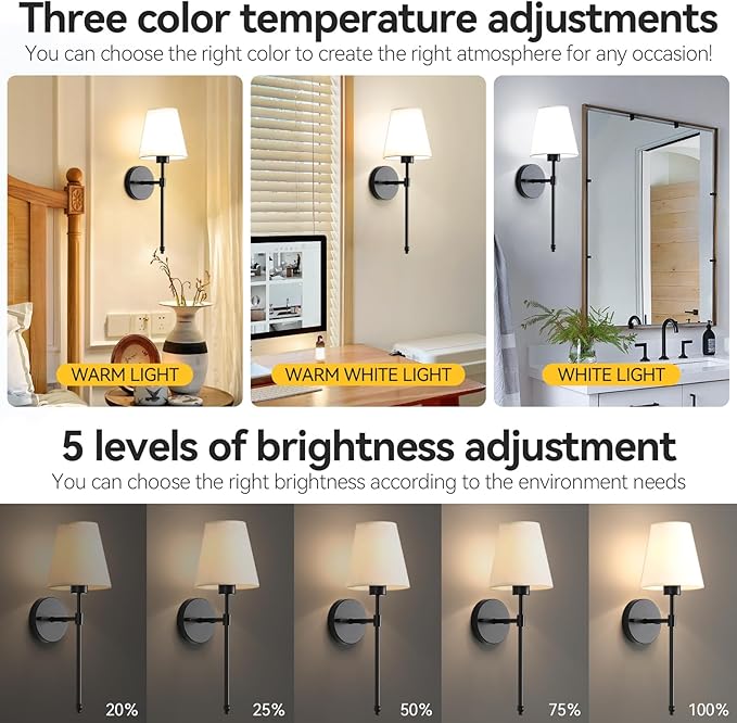 Wireless Wall Sconces Set of Two Battery Operated, Rechargeable Wall Lamp with 10000 mAh Dimmable Bulb & Remote, 10 Colors Wall Lights for Bedroom Living Room Hallway Wall Decor