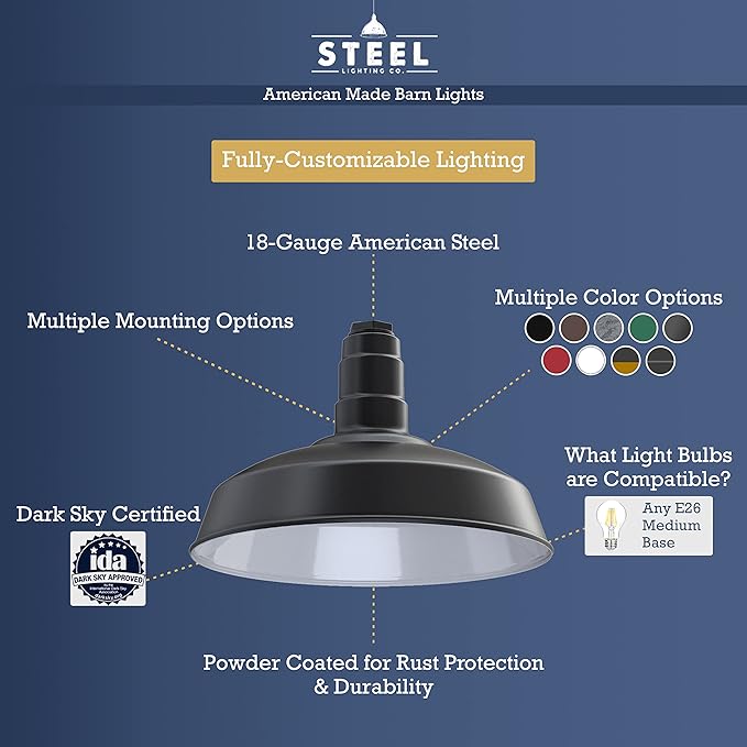 Steel Lighting Co. Carson Barn Light | Ceiling Mounted Pendant | 16 inch Dome | White Cord | Industrial Style Steel Light Made in America | Matte Black Exterior/Matte Black Interior