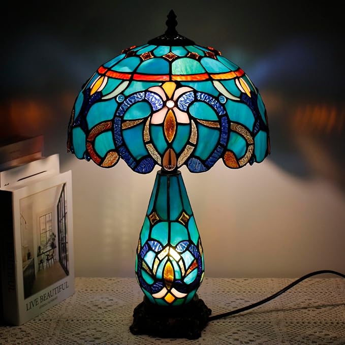 Tiffany Lamp Stained Glass Table Lamp 12X19 Inches Mother Daughter Vase Desk Accent Night Light for Bedroom Bedside Reading Home Antique Style(Green Brown Jewelry)