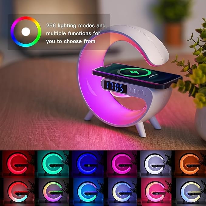 Mini Wireless Speaker with Bluetooth Lamp, Atmosphere Lamp, Wireless Charging, Alarm Clock,Smart LED Table Lamp, Night Light, Birthday Gifts for Girls Boys Party Aged 4-12 (White)
