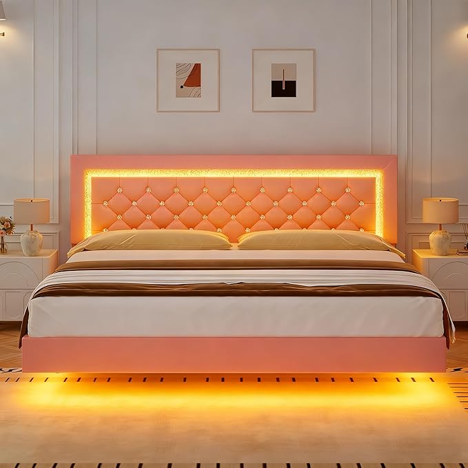 BarnFurin Floating Bed Frame King with LED Lights, Upholstered Platform Bed with Diamond Tufted Headboard, No Box Spring Needed, Noise Free, Easy Assembly, Pink