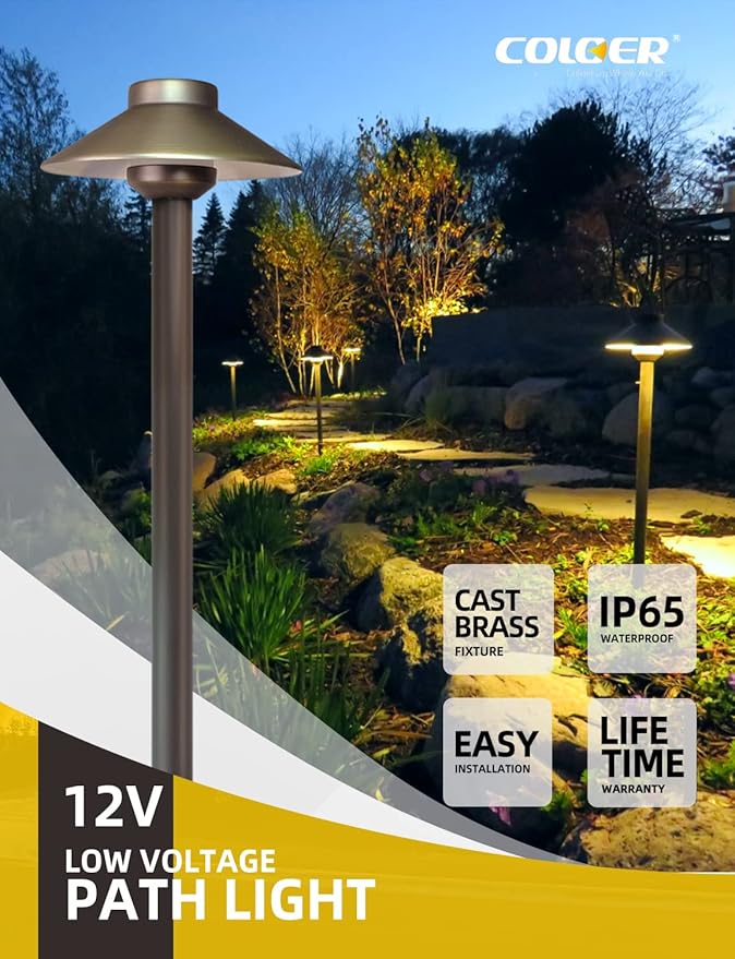 COLOER Brass Low Voltage Pathway Lights Outdoor 1-Pack with 2W LED G4 Bulb, Garden Path Lights Electric, IP65 Waterproof Outdoor Landscape Lighting Wired(602B)