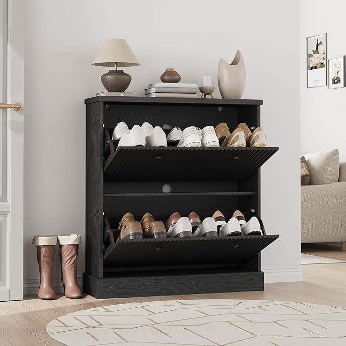 GarveeHome Shoe Cabinet with 2 Flip Drawers, Hidden Wooden Fluted Shoe Cabinet with Adjustable Shelf, Freestanding Shoe Storage Cabinet for Entryway Hallway, Living Room, Black