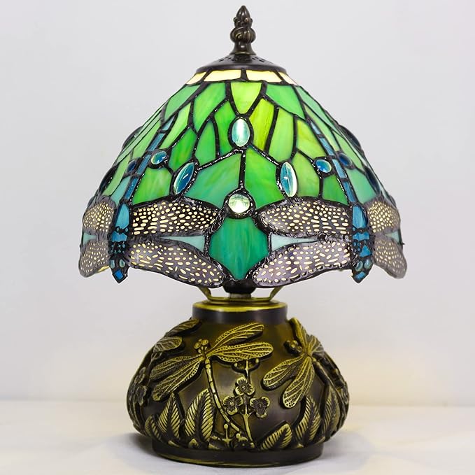 Small Tiffany Table Lamp Stained Glass Desk Lamp 8X8X11 Inch Accent Antique Light (Green Dragonfly)