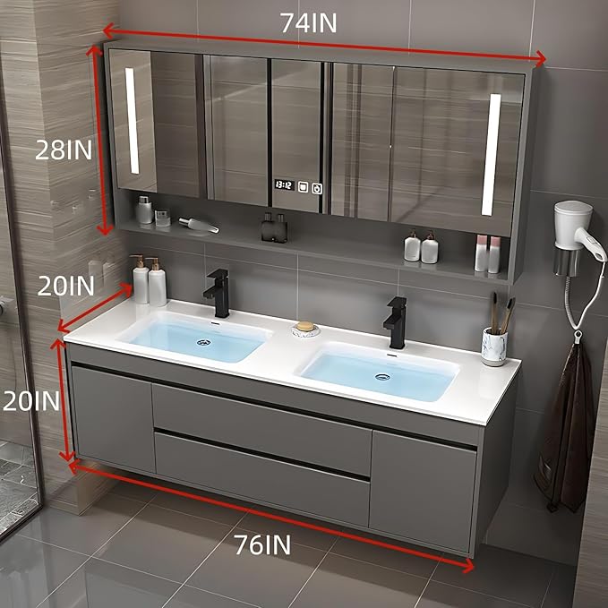 76IN Suspend Bathroom Vanity - Bathroom Cabinet with Double Sinks | Smart Defogging Mirror Cabinet Includes Time Display & LED Lighting, Open Storage Shelves, 2 Drawers (Dark Gray)