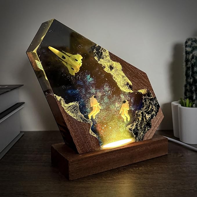 Space Resin Lamp - Handmade Galaxy Resin Night Light with USB Port, Variable Lights, Space Gifts for Adults, Astronaut Enthusiast Collectibles, Unique Birthday Gifts for Him & Her (6"x4")