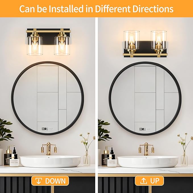 2 Light Modern Bathroom Light Fixtures Over Mirror, Black Gold Vanity Lights for Bathroom Wall Sconces with Clear Glass Shades, E26 Socket (Bulbs Not Included)