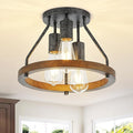 Retro Industrial Flush Mount Ceiling Light Fixture with Wood Circle Shade 3-Light Rustic Black Ceiling Light for Hallyway Entryway Bedroom Kitchen Sink