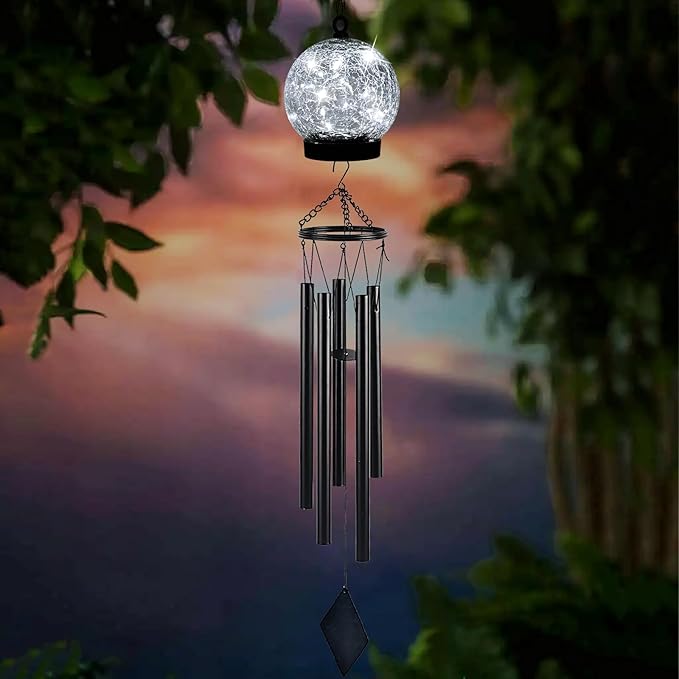 Garden Wind Chimes Outdoor, Solar Hanging Glass Ball Wind Chimes with 15 Cool White LEDs 42 Inch Large with Unique Memorial Sympathy Wind Chime Outside Garden Decor as a Gift for Patio, Porch, Balcony