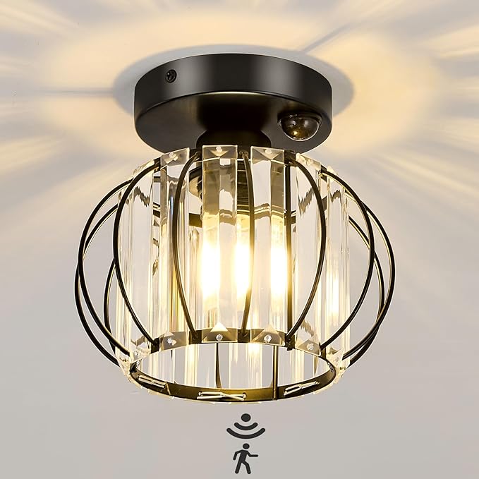 YYJLX Indoor Motion Sensor Ceiling Light Fixture Modern Cryatal Semi Flush Mount Ceiling Light Black Ovrehead Light Fixture for Porch Hallway Front Entryway Kitchen Hall Garage.