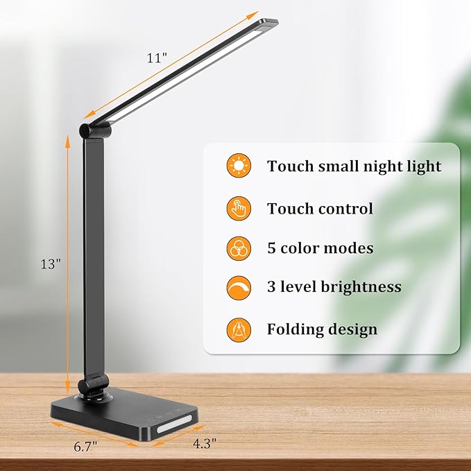 LED Desk Lamp with USB Ports,Touch Desk Lamps for Home Office with 5 Color Modes,3 Brightness Desk Light with Small Night Light,Reading Lamp Table Lamp for Bedroom Bedside Study Black （with adapter）