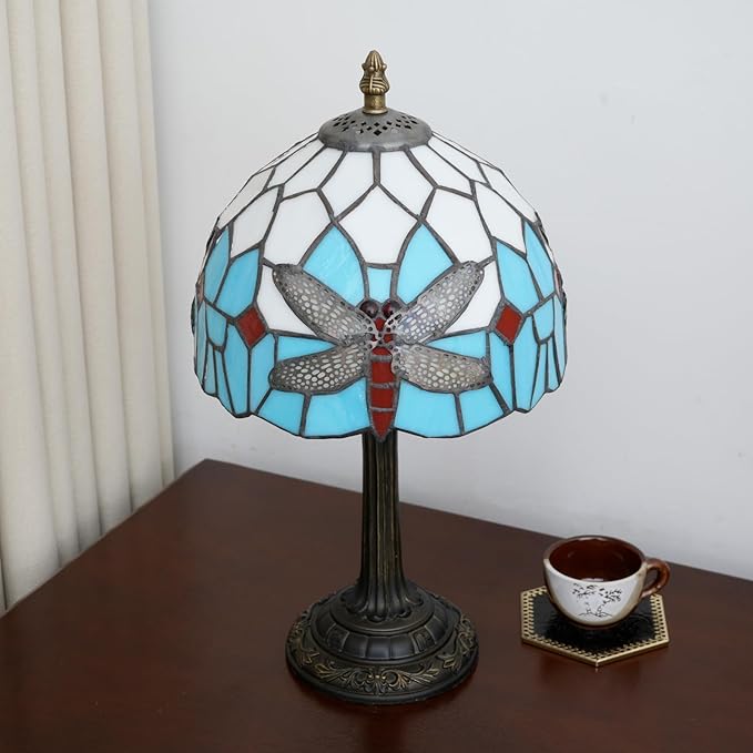 Tiffany Table Lamp Blue Dragonfly Stained Glass Bedside Lamp Antique Unique Cute Accent Nightstand Light for Home Living Room Office Dormitory Bar Decorate