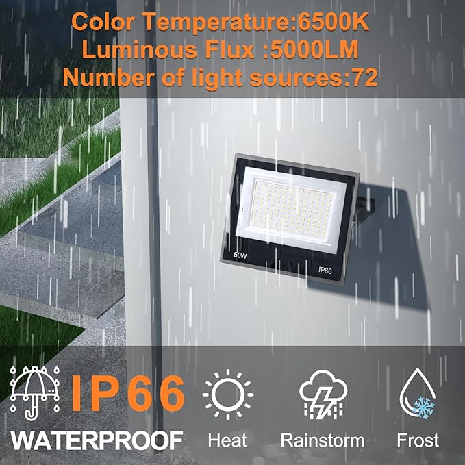 XXBSAZ 50W LED Security Flood Lights (2-Pack), 9000LM Super Bright for Home Safety, Easy 5-Min Plug-in, All-Weather IP66 Waterproof for Garages, Backyards, Driveways