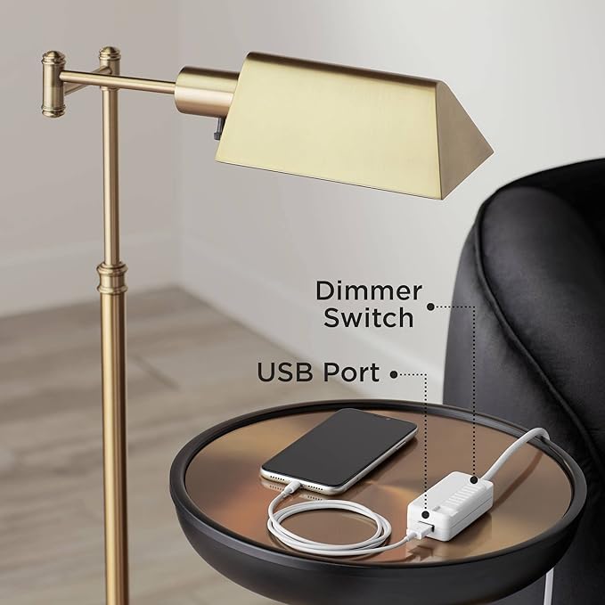 360 Lighting Cora Mid Century Modern Arc Lamps Floor Standing with USB Charging Port 72" Tall Brass Metal White Linen Fabric Drum Shade for Living Room Reading House Bedroom Home Office