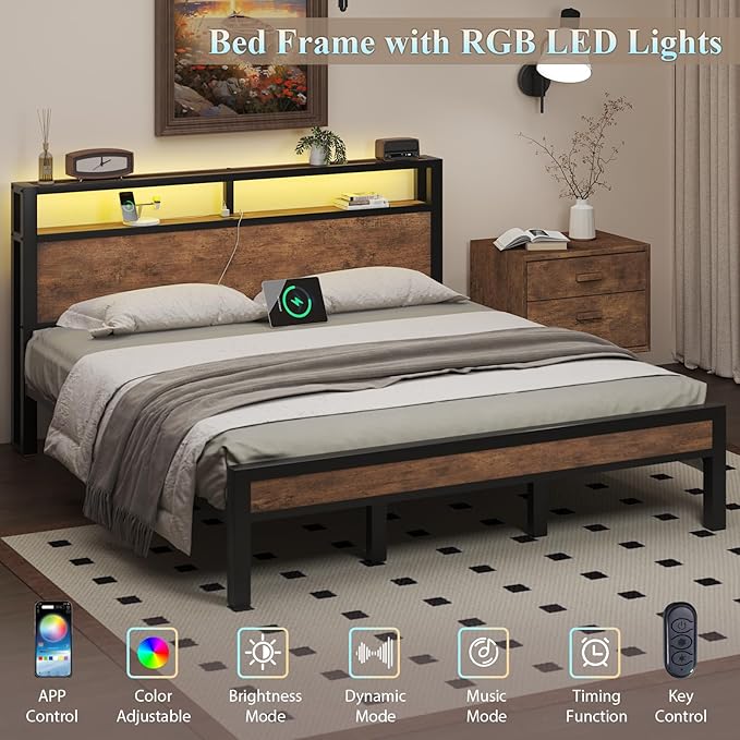 King Size Platform Bed with 2-Tier Storage Headboard, Metal Bed Frame with Charging Station & LED Light, Heavy Duty Metal Slats, No Box Spring Need, Noise Free, Rustic Brown