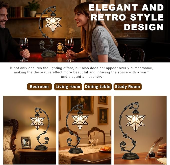 Star Glass Table Lamp, Vintage Style Table Lamp, 8x10x20 Inch – Bronze Metal Leaf Base Tiffany Lamp for Bedroom,Living Room,Study