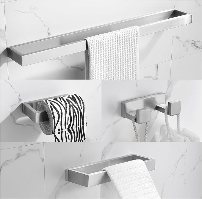 TNOMS Brushed Bathroom Hardware Accessories Set 4 Pieces Brushed Nickel Towel Bar Set, 23.6 Inch Towel Rack Set SUS304 Stainless Steel Bathroom Set,Wall Mounted