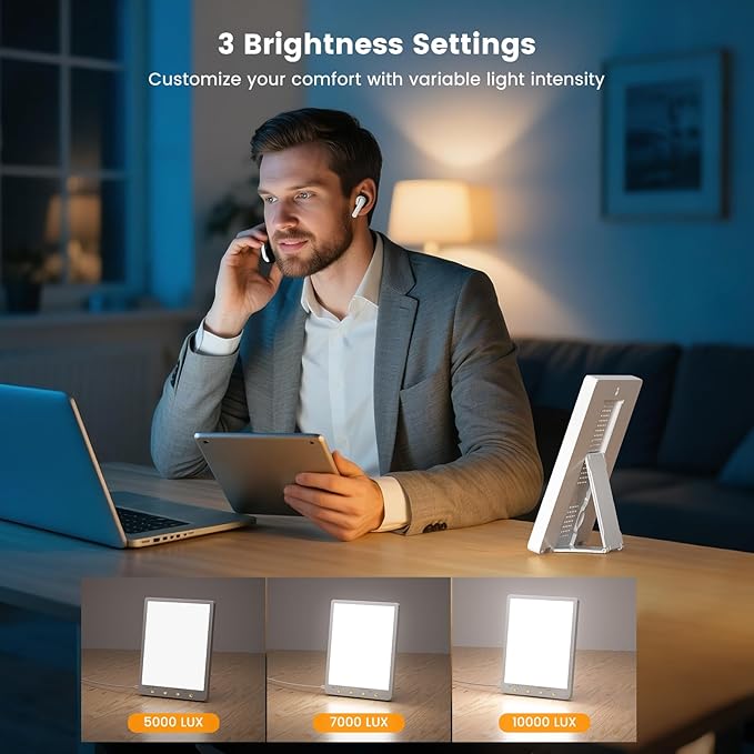 Light Therapy Lamp - 10000 Lux, 3 Light Colors, USB-Powered, Slim Design with Memory Recall, Adjustable Brightness Desk Lamp for Office, Home, or Travel.