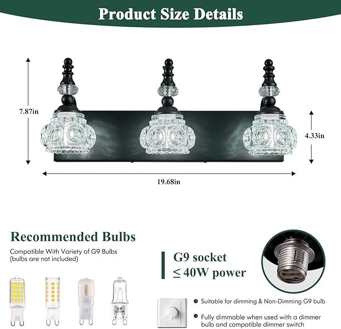Modern Crystal Bathroom Vanity Light Black Vintage Bathroom Light Fixtures 3-Lights Glass Crystal Vanity Lights