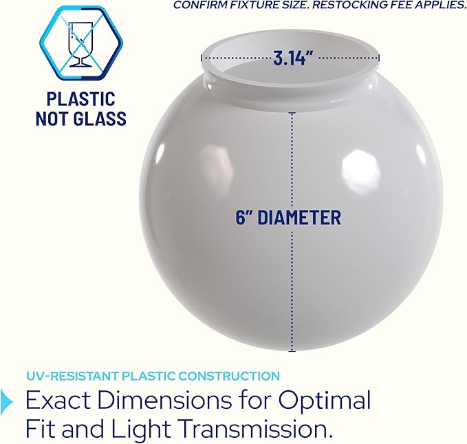 KASTLITE 6" Smoke Acrylic Lamp Post Globe | Smooth Textured with 3.14" Fitter Neck | Manufactured in the USA | Plastic Light Cover - Not Glass