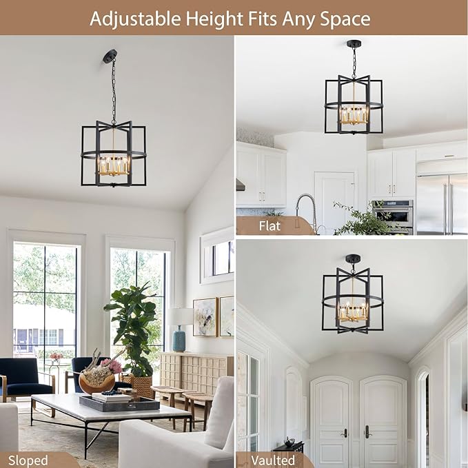 Black Gold Chandelier 6-Light, Modern Dining Room Light Fixture, Industria Geometric Pendant Chandeliers for Living Room Kitchen Bedroom Hallway, Metal Hanging Ceiling Lamp