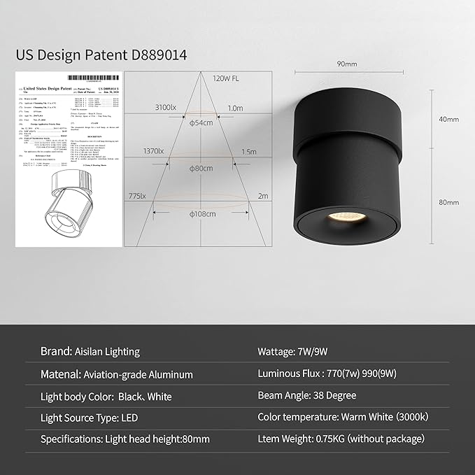 Aisilan 4 Packs LED Dimmable Adjustable 360° Ceiling Spotlight Indoor Directional Light Surface Mounted 9W 3000K Warm White Aluminum Spots Light for Cabinet Gallery Hallway Corridor, Black
