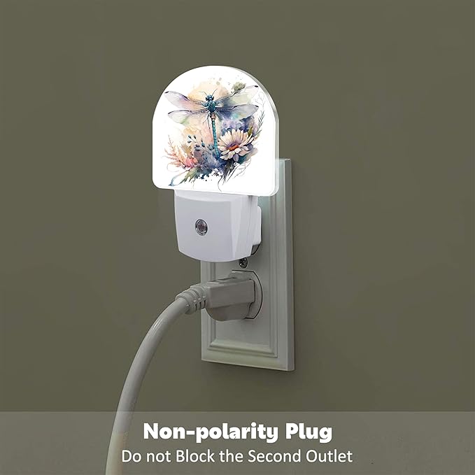 Watercolor Dragonfly Flowers Night Light, Vintage Insect Botanical Floral Leaves Dusk to Dawn Night Light Plug in,0.5w Energy Saving Sleep Friendly NightLight for Kids Boys Girls Home Decor