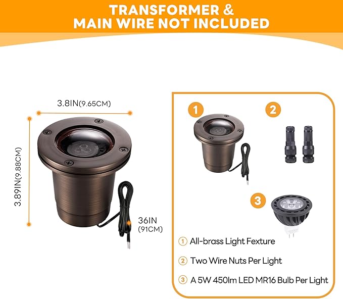 Gardenreet Brass Low Voltage Outdoor Well Lights - IP67 LED In-Ground Light, 12V All Weather Wired Landscape Lighting, Antique Bronze for Lawn Pathway Patio with 2700K Warm MR16 Bulb (6 Pack)