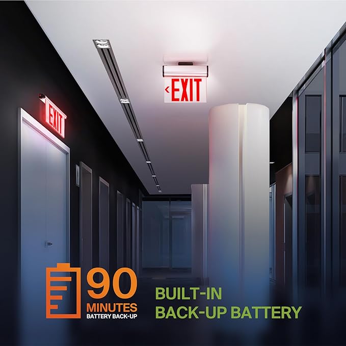ASD LED Exit Sign with Battery Backup - 120/277V UL 3W Transparent Rotatable Emergency Exit Light for Business, Commercial Hardwired Damp Location Power Outage Lights, Red