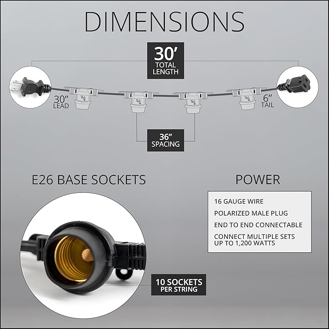 Wintergreen Lighting 30-ft 10 Socket E26 Commercial Patio Light Stringer, Heavy Duty Weatherproof SJTW Black Wire, 36" Spacing, 16 AWG, Cord Only