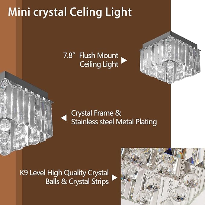 Crystal LED Ceiling Light Chandelier, Modern Semi Flush Mount Lighting Fixture Ceiling Lamp for Living Room, Dining Room, Bedroom, Kitchen Island, Entryway (7.87“ * 5.9” Square White Light)